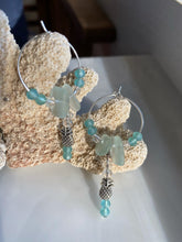 Load image into Gallery viewer, Blue Sea Glass and Silver Pineapple Hoop Earrings
