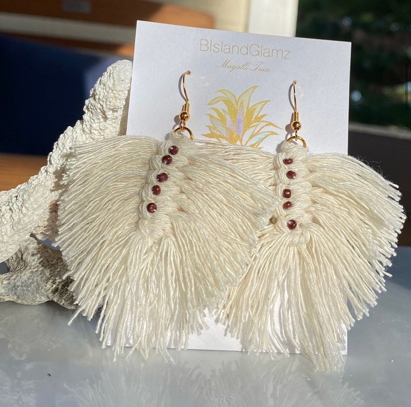 Beige Feather Macrame Earrings